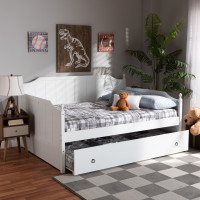 Baxton Studio MG0010-White-Daybed-Full Baxton Studio Millie Cottage Farmhouse White Finished Wood Full Size Daybed with Trundle